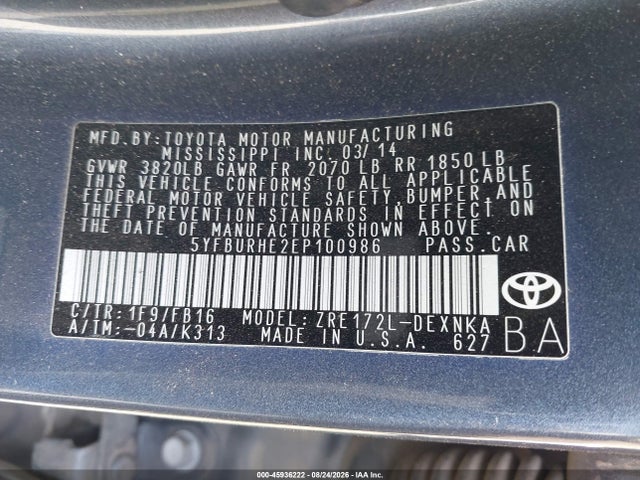 Продаж на аукціоні авто 2014 Toyota Corolla Le, vin: 5YFBURHE2EP100986, номер лоту: 45936222