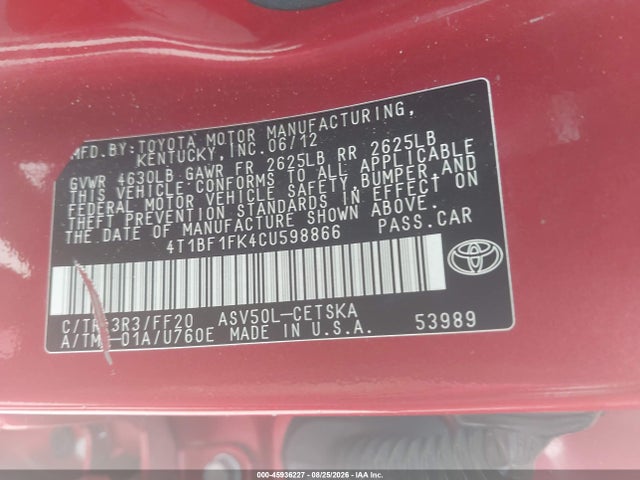 45936227 :رقم المزاد ، 4T1BF1FK4CU598866 vin ، 2012 Toyota Camry Se مزاد بيع
