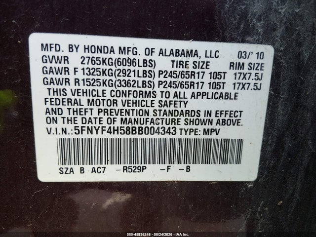 2011 Honda Pilot Ex-l მანქანა იყიდება აუქციონზე, vin: 5FNYF4H58BB004343, აუქციონის ნომერი: 45936246