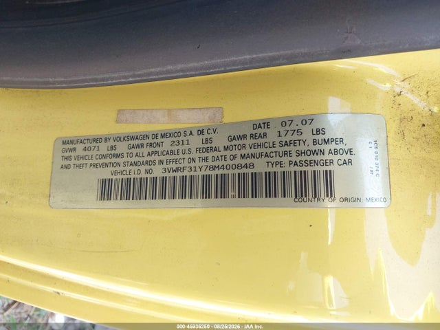 Продажа на аукционе авто 2008 Volkswagen New Beetle Se, vin: 3VWRF31Y78M400848, номер лота: 45936250
