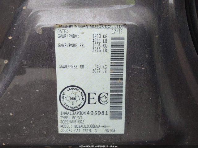 Продаж на аукціоні авто 2013 Nissan Altima 2.5/2.5 S/2.5 Sl/2.5 Sv, vin: 1N4AL3AP3DN495981, номер лоту: 45936260