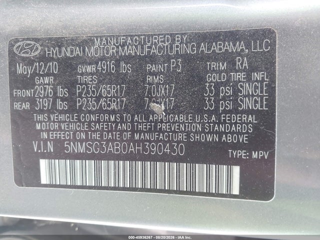 Продажа на аукционе авто 2010 Hyundai Santa Fe Gls, vin: 5NMSG3AB0AH390430, номер лота: 45936267