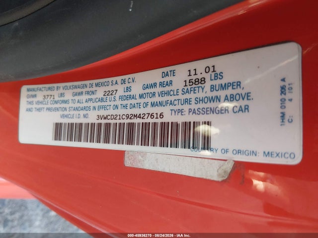 45936270 :رقم المزاد ، 3VWCD21C92M427616 vin ، 2002 Volkswagen New Beetle Gls 1.8l Turbo مزاد بيع