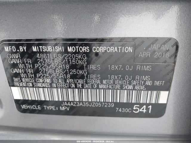 2018 Mitsubishi Outlander Es მანქანა იყიდება აუქციონზე, vin: JA4AZ3A35JZ057239, აუქციონის ნომერი: 45936280