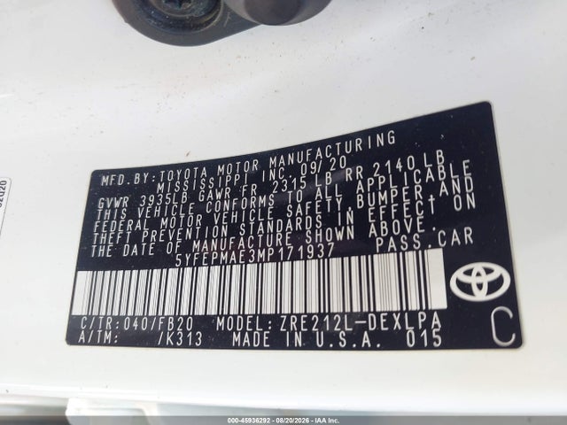 2021 Toyota Corolla Le მანქანა იყიდება აუქციონზე, vin: 5YFEPMAE3MP171937, აუქციონის ნომერი: 45936292