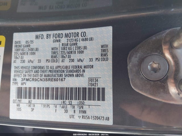 Продаж на аукціоні авто 2025 Ford Bronco Sport Outer Banks, vin: 3FMCR9CN3SRE60167, номер лоту: 45936294