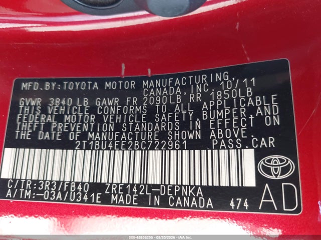 45936295 :رقم المزاد ، 2T1BU4EE2BC722961 vin ، 2011 Toyota Corolla Le مزاد بيع