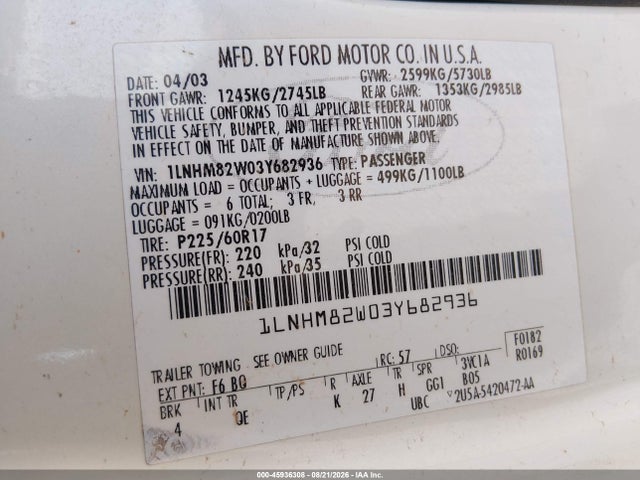 Aukcja sprzedaży 2003 Lincoln Town Car Signature, vin: 1LNHM82W03Y682936, numer aukcji: 45936308