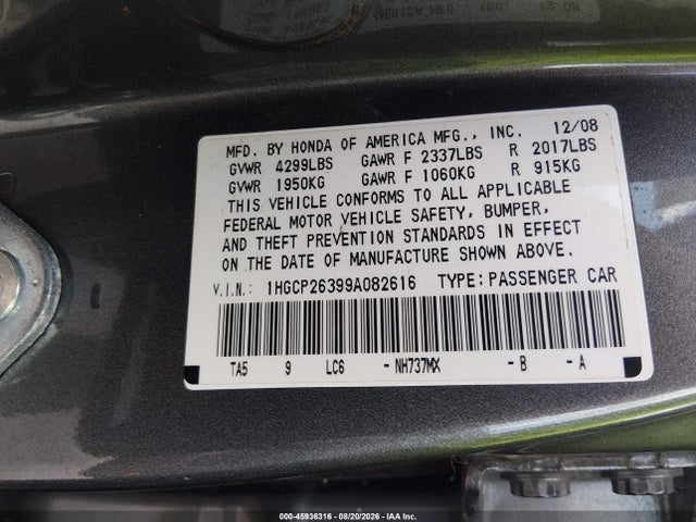 Aukcja sprzedaży 2009 Honda Accord 2.4 Lx, vin: 1HGCP26399A082616, numer aukcji: 45936316