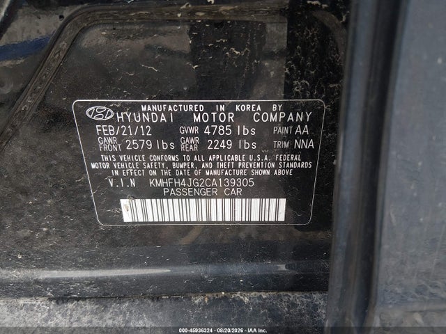2012 Hyundai Azera მანქანა იყიდება აუქციონზე, vin: KMHFH4JG2CA139305, აუქციონის ნომერი: 45936324