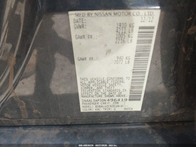 45936328 :رقم المزاد ، 1N4AL3AP5DN496419 vin ، 2013 Nissan Altima 2.5 Sv مزاد بيع