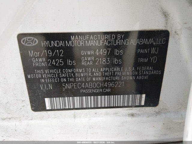 45936333 :رقم المزاد ، 5NPEC4AB0CH496221 vin ، 2012 Hyundai Sonata Limited 2.0t مزاد بيع