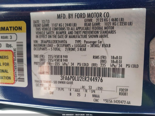 45936351 :رقم المزاد ، 3FA6P0LU2ER244976 vin ، 2014 Ford Fusion Hybrid Se مزاد بيع
