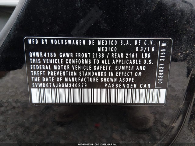2016 Volkswagen Jetta 1.4t Se მანქანა იყიდება აუქციონზე, vin: 3VWD67AJ9GM340879, აუქციონის ნომერი: 45936354