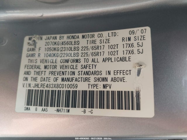 Продажа на аукционе авто 2008 Honda Cr-v Lx, vin: JHLRE483X8C010059, номер лота: 45936363