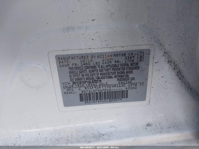 Продаж на аукціоні авто 2019 Nissan Versa 1.6 S, vin: 3N1CN7AP1KL825279, номер лоту: 45936377