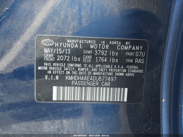 45936381 :رقم المزاد ، KMHDH4AE4DU877497 vin ، 2013 Hyundai Elantra Gls مزاد بيع