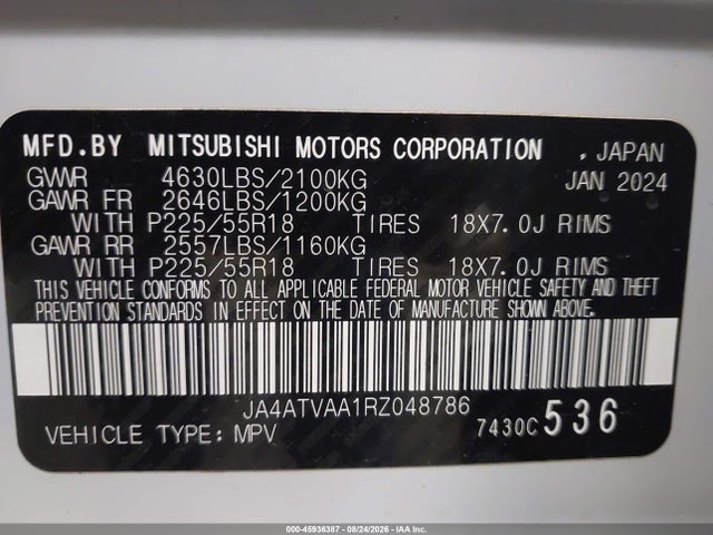 Продажа на аукционе авто 2024 Mitsubishi Eclipse Cross Ralliart S-awc, vin: JA4ATVAA1RZ048786, номер лота: 45936387