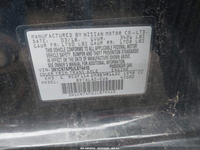 Продаж на аукціоні авто 2018 Nissan Versa 1.6 S+, vin: 3N1CN7AP0JL874410, номер лоту: 45936392