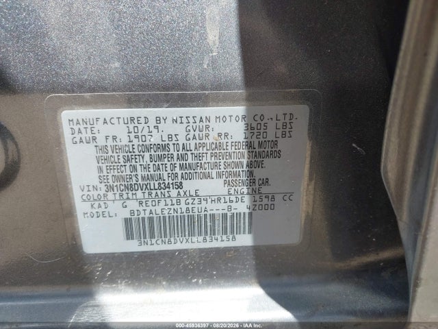 Aukcja sprzedaży 2020 Nissan Versa S Xtronic Cvt, vin: 3N1CN8DVXLL834158, numer aukcji: 45936397