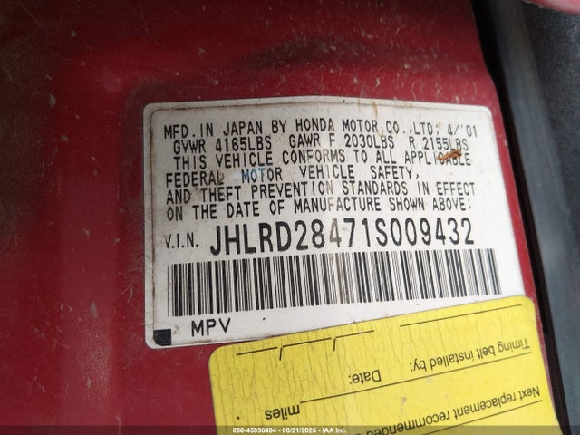 2001 Honda Cr-v Lx მანქანა იყიდება აუქციონზე, vin: JHLRD28471S009432, აუქციონის ნომერი: 45936404