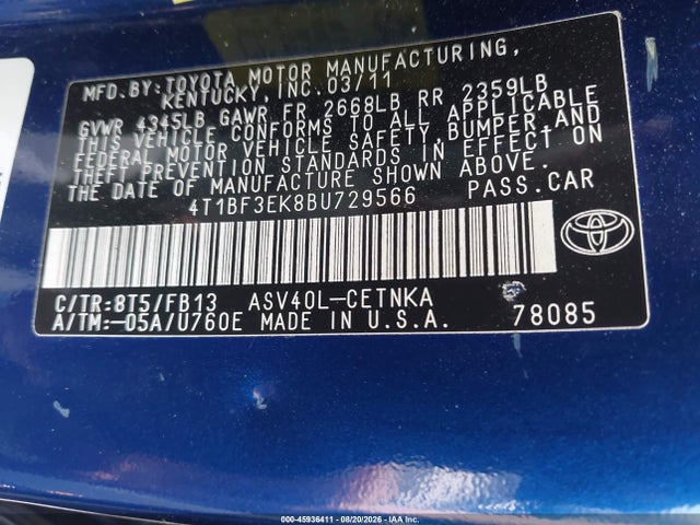 2011 Toyota Camry Le მანქანა იყიდება აუქციონზე, vin: 4T1BF3EK8BU729566, აუქციონის ნომერი: 45936411