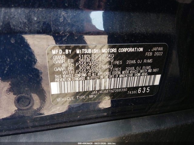 45936429 :رقم المزاد ، JA4J4UA81NZ068390 vin ، 2022 Mitsubishi Outlander مزاد بيع