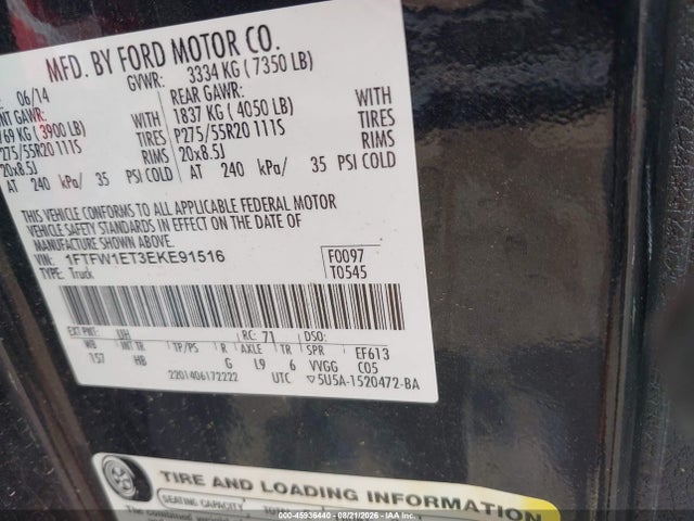 45936440 :رقم المزاد ، 1FTFW1ET3EKE91516 vin ، 2014 Ford F-150 Lariat مزاد بيع