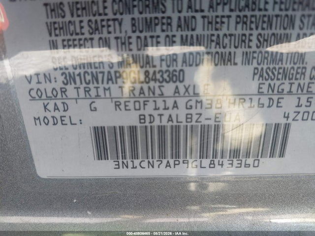 45936465 :رقم المزاد ، 3N1CN7AP9GL843360 vin ، 2016 Nissan Versa مزاد بيع