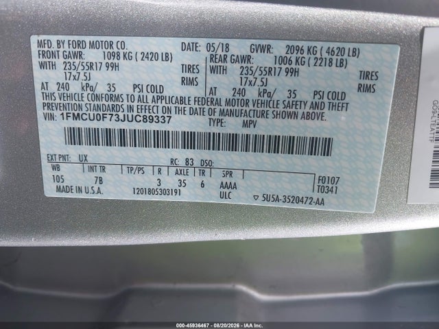 Ford ESCAPE S 2018 1FMCU0F73JUC89337 Image 9