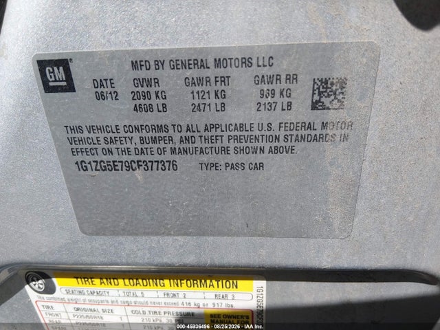 45936496 :رقم المزاد ، 1G1ZG5E79CF377376 vin ، 2012 Chevrolet Malibu 2lz مزاد بيع