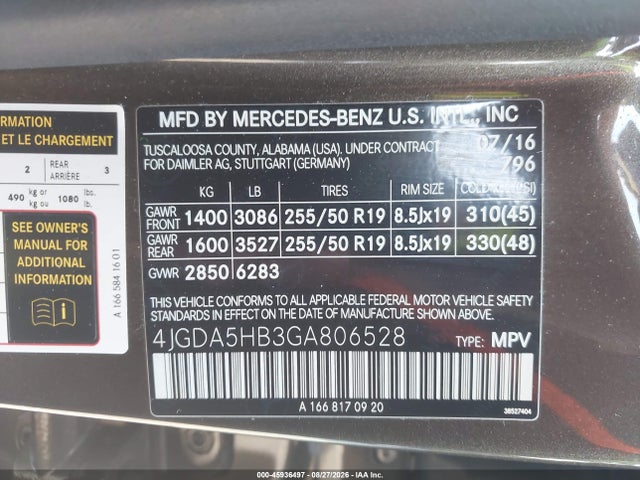Aukcja sprzedaży 2016 Mercedes-benz Gle 350 4matic, vin: 4JGDA5HB3GA806528, numer aukcji: 45936497