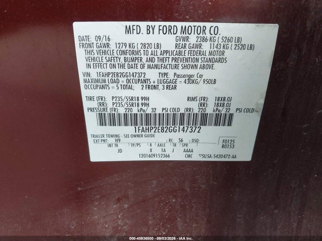 1FAHP2E82GG147372 Ford TAURUS SEL