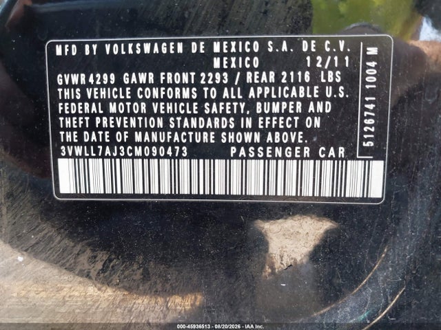 2012 Volkswagen Jetta 2.0l Tdi მანქანა იყიდება აუქციონზე, vin: 3VWLL7AJ3CM090473, აუქციონის ნომერი: 45936513