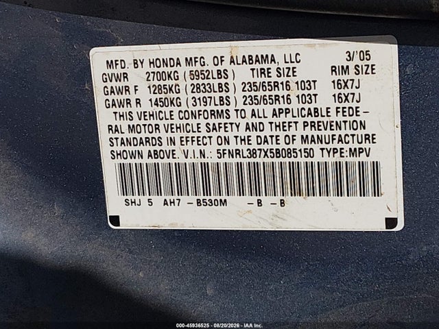 2005 Honda Odyssey Ex-l მანქანა იყიდება აუქციონზე, vin: 5FNRL387X5B085150, აუქციონის ნომერი: 45936525