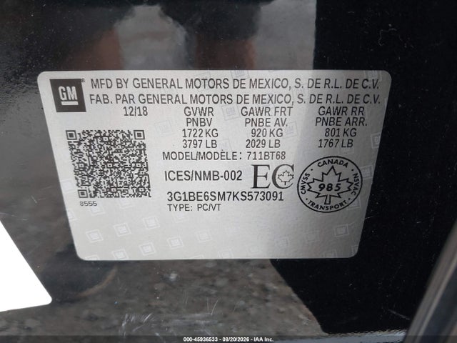 45936533 :رقم المزاد ، 3G1BE6SM7KS573091 vin ، 2019 Chevrolet Cruze Lt مزاد بيع