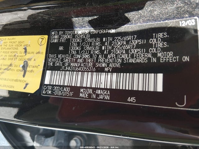 Aukcja sprzedaży 2004 Lexus Rx 330, vin: JTJHA31U640055316, numer aukcji: 45936543
