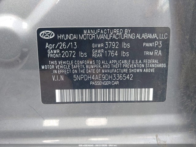 Aukcja sprzedaży 2013 Hyundai Elantra Gls, vin: 5NPDH4AE9DH336542, numer aukcji: 45936545