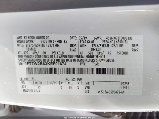 Продажа на аукционе авто 2019 Ford F-250 Xl, vin: 1FT7W2B63KEF01674, номер лота: 45936564