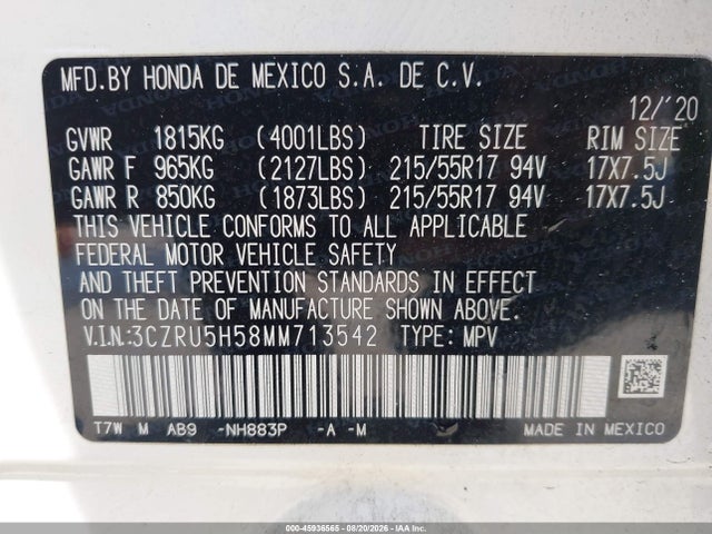 45936565 :رقم المزاد ، 3CZRU5H58MM713542 vin ، 2021 Honda Hr-v 2wd Ex مزاد بيع