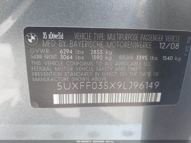 Aukcja sprzedaży 2009 Bmw X5 Xdrive35d, vin: 5UXFF035X9LJ96149, numer aukcji: 45936573