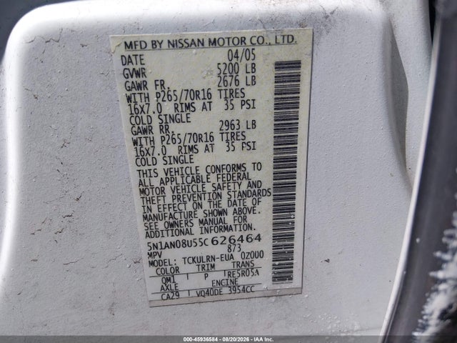 2005 Nissan Xterra S მანქანა იყიდება აუქციონზე, vin: 5N1AN08U55C626464, აუქციონის ნომერი: 45936584
