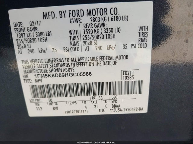 45936587 :رقم المزاد ، 1FM5K8D89HGC05586 vin ، 2017 Ford Explorer Xlt مزاد بيع