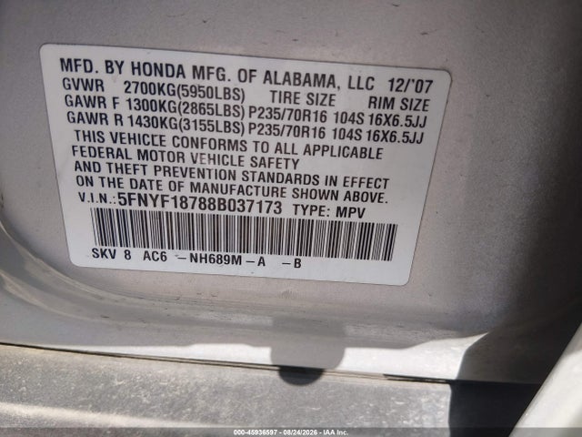 Aukcja sprzedaży 2008 Honda Pilot Ex-l, vin: 5FNYF18788B037173, numer aukcji: 45936597