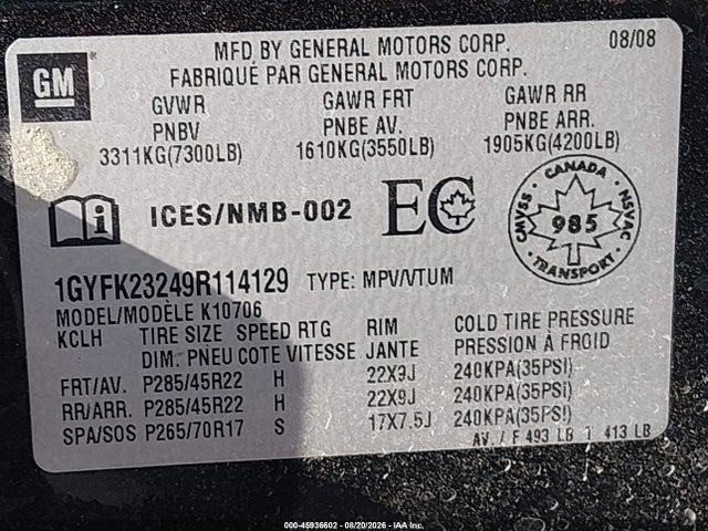 Aukcja sprzedaży 2009 Cadillac Escalade Standard, vin: 1GYFK23249R114129, numer aukcji: 45936602