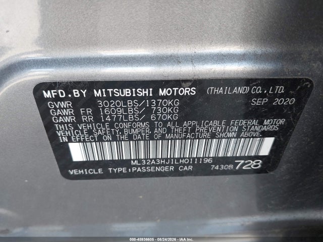 Продаж на аукціоні авто 2020 Mitsubishi Mirage Es/se, vin: ML32A3HJ1LH011196, номер лоту: 45936605