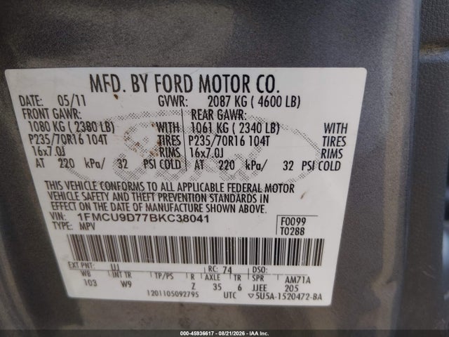 Продажа на аукционе авто 2011 Ford Escape Xlt, vin: 1FMCU9D77BKC38041, номер лота: 45936617