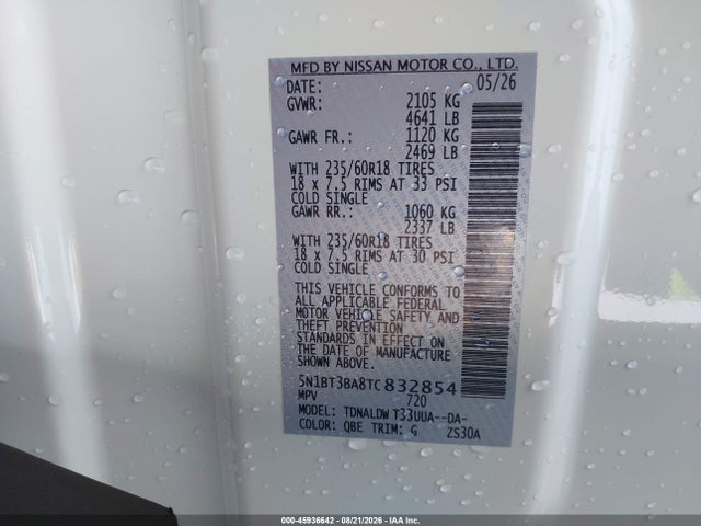 Продаж на аукціоні авто 2026 Nissan Rogue Sv, vin: 5N1BT3BA8TC832854, номер лоту: 45936642