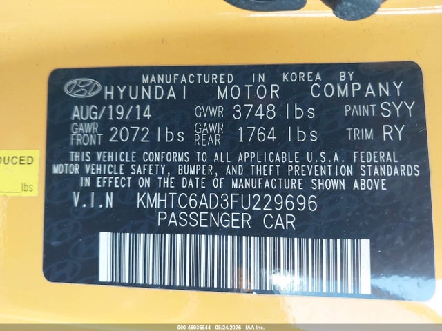 Продажа на аукционе авто 2015 Hyundai Veloster, vin: KMHTC6AD3FU229696, номер лота: 45936644