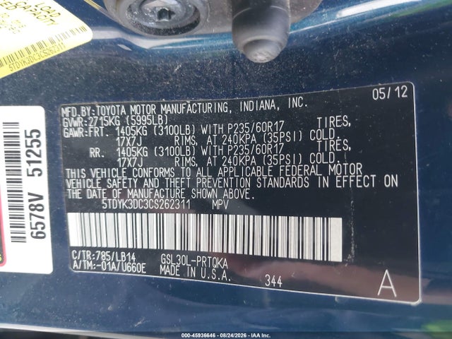 2012 Toyota Sienna Xle V6 8 Passenger მანქანა იყიდება აუქციონზე, vin: 5TDYK3DC3CS262311, აუქციონის ნომერი: 45936646